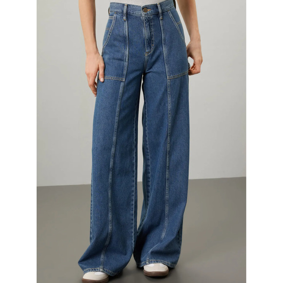 Lee Wide Leg Cargo Jeans Denim SIZE 28 Medium Wash Slouchy Long Carpenter $118 - Picture 2 of 13